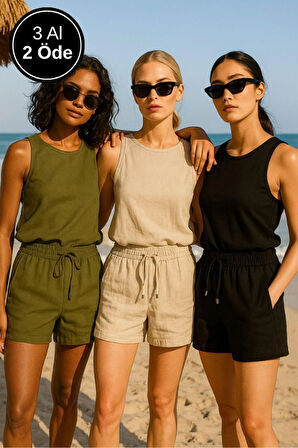 Kadın Yüksek Bel Organik Keten Şort | Rahat Yaz Kombinleri için | Haki - Bej - Siyah