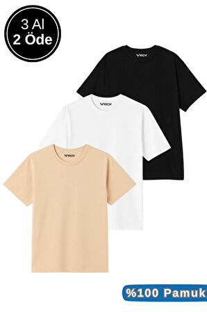 Erkek 3'lü Paket Siyah-Beyaz-Bej %100 Pamuk Oversize Tişört Basic Bisiklet Yaka Kısa Kollu T-Shirt