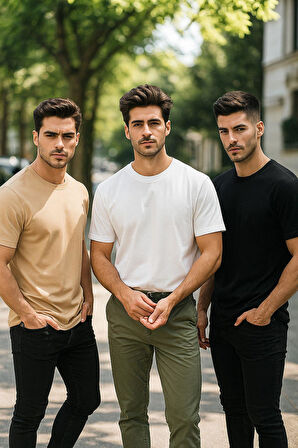 Erkek 3'lü Paket Siyah-Beyaz-Bej %100 Pamuk Oversize Tişört Basic Bisiklet Yaka Kısa Kollu T-Shirt