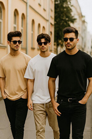 Erkek 3'lü Paket Siyah-Beyaz-Bej %100 Pamuk Oversize Tişört Basic Bisiklet Yaka Kısa Kollu T-Shirt