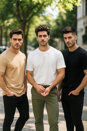 Erkek 3'lü Paket Siyah-Beyaz-Bej %100 Pamuk Oversize Tişört Basic Bisiklet Yaka Kısa Kollu T-Shirt