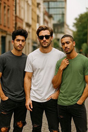 Erkek 3lü Paket Antrasit Melanj-Beyaz-Yeşil Pamuklu Oversize Tişört Bisiklet Yaka Kısa Kollu T-Shirt