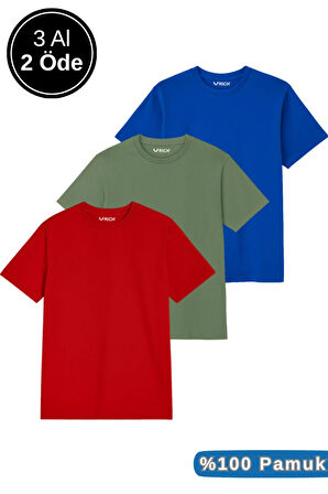 Erkek 3'lü Paket Kırmızı-Mavi-Koyu Yeşil Pamuklu Oversize Tişört Bisiklet Yaka Kısa Kollu T-Shirt