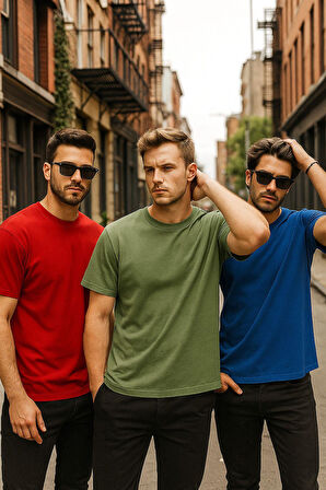 Erkek 3'lü Paket Kırmızı-Mavi-Koyu Yeşil Pamuklu Oversize Tişört Bisiklet Yaka Kısa Kollu T-Shirt