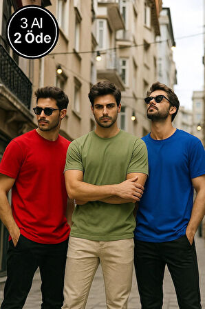 Erkek 3'lü Paket Kırmızı-Mavi-Koyu Yeşil Pamuklu Oversize Tişört Bisiklet Yaka Kısa Kollu T-Shirt