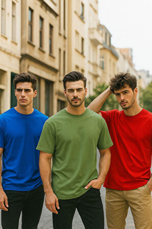 Erkek 3'lü Paket Kırmızı-Mavi-Koyu Yeşil Pamuklu Oversize Tişört Bisiklet Yaka Kısa Kollu T-Shirt