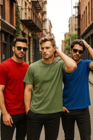 Erkek 3'lü Paket Kırmızı-Mavi-Koyu Yeşil Pamuklu Oversize Tişört Bisiklet Yaka Kısa Kollu T-Shirt
