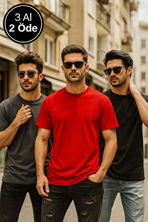 Erkek 3lü Paket Siyah-Kırmızı-Antrasit Pamuklu Oversize Tişört Bisiklet Yaka Kısa Kollu T-Shirt