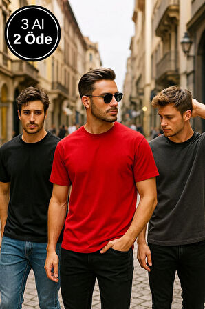 Erkek 3lü Paket Siyah-Kırmızı-Antrasit Pamuklu Oversize Tişört Bisiklet Yaka Kısa Kollu T-Shirt
