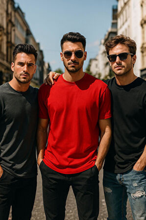 Erkek 3lü Paket Siyah-Kırmızı-Antrasit Pamuklu Oversize Tişört Bisiklet Yaka Kısa Kollu T-Shirt