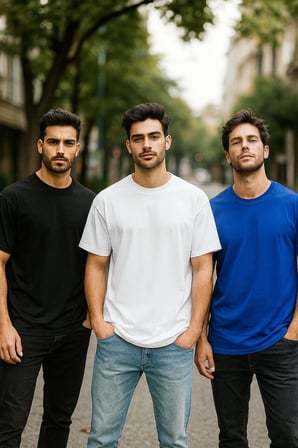 Erkek 3'lü Paket Siyah-Kırmızı-Mavi Pamuklu Oversize Tişört Bisiklet Yaka Kısa Kollu T-Shirt