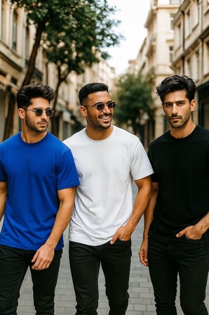 Erkek 3'lü Paket Siyah-Kırmızı-Mavi Pamuklu Oversize Tişört Bisiklet Yaka Kısa Kollu T-Shirt