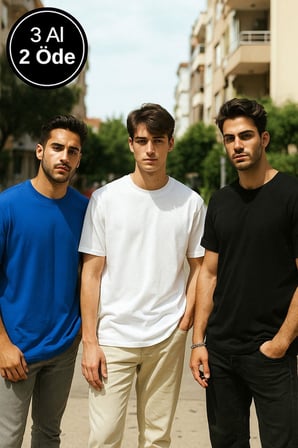 Erkek 3'lü Paket Siyah-Kırmızı-Mavi Pamuklu Oversize Tişört Bisiklet Yaka Kısa Kollu T-Shirt
