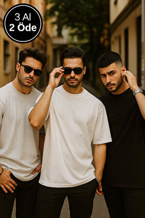 Erkek 3'lü Paket Siyah-Beyaz-Gri Melanj Pamuklu Oversize Tişört Bisiklet Yaka Kısa Kollu T-Shirt