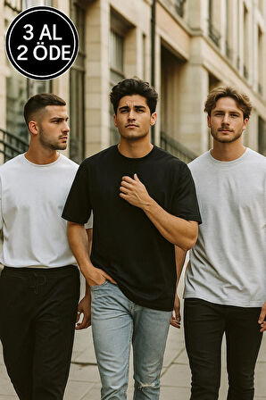 Erkek 3'lü Paket Siyah-Beyaz-Gri Melanj Pamuklu Oversize Tişört Bisiklet Yaka Kısa Kollu T-Shirt