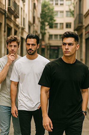 Erkek 3'lü Paket Siyah-Beyaz-Gri Melanj Pamuklu Oversize Tişört Bisiklet Yaka Kısa Kollu T-Shirt