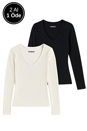 Kadın 2'li Siyah-Beyaz Basic Paket Pamuklu Nefes Alabilen Kumaş - Vücudu Saran Uzun Kollu Bluz