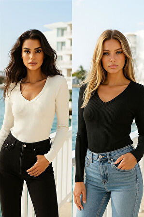 Kadın 2'li Siyah-Beyaz Basic Paket Pamuklu Nefes Alabilen Kumaş - Vücudu Saran Uzun Kollu Bluz