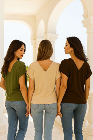 Kadın 3'lü Paket Kahverengi-Haki-Bej Viskon Ön Arka V Yakalı T-shirt Yarasa Kol Relaxed Bluz