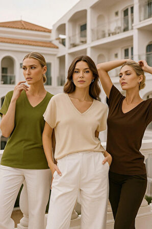 Kadın 3'lü Paket Kahverengi-Haki-Bej Viskon Ön Arka V Yakalı T-shirt Yarasa Kol Relaxed Bluz