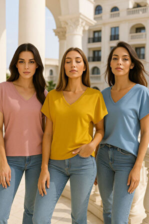 Kadın 3'lü Paket Pembe-Mavi-Hardal Viskon Ön Arka V Yakalı T-shirt Yarasa Kol Relaxed Bluz