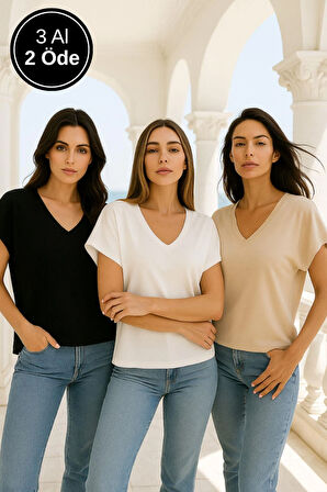 Kadın 3'lü Paket Siyah-beyaz-bej Viskon Ön Arka V Yakalı T-shirt Yarasa Kol Relaxed Bluz