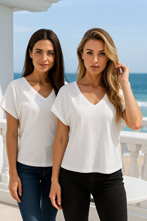 Kadın Beyaz Viskon Ön Arka V Yakalı T-shirt Yarasa Kol Relaxed Bluz