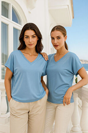 Kadın Mavi Viskon Ön Arka V Yakalı T-shirt Yarasa Kol Relaxed Bluz