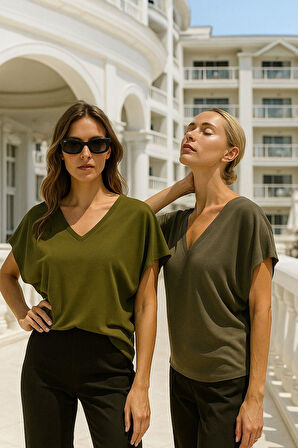 Kadın Haki Viskon Ön Arka V Yakalı T-shirt Yarasa Kol Relaxed Bluz