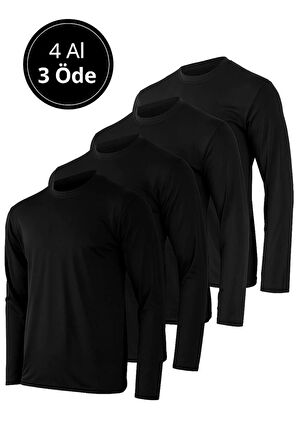 Erkek Siyah 4'lü Paket Basic Uzun Kollu Tişört Sporcu Body T-shirt