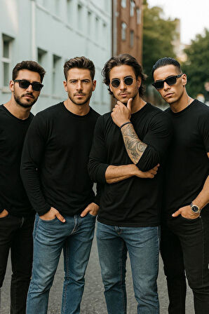 Erkek Siyah 4'lü Paket Basic Uzun Kollu Tişört Sporcu Body T-shirt