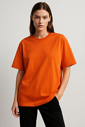 Kadın Kiremit %100 Pamuk Oversize Basic Tişört – Rahat Kalıp Relaxed Bisiklet Yaka T-shirt