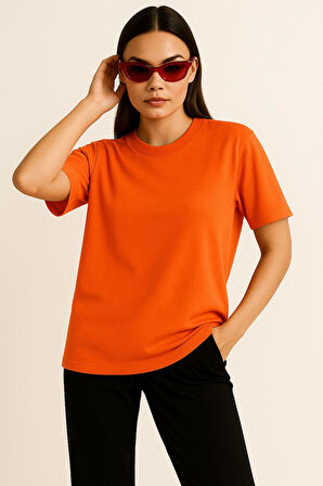 Kadın Kiremit %100 Pamuk Oversize Basic Tişört – Rahat Kalıp Relaxed Bisiklet Yaka T-shirt