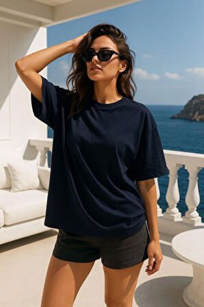 Kadın Lacivert %100 Pamuk Oversize Basic Tişört – Rahat Kalıp Relaxed Bisiklet Yaka T-shirt