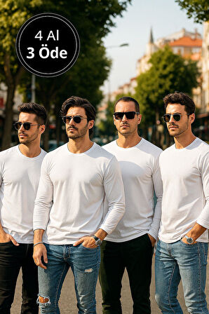 Erkek Beyaz 4'lü Paket Basic Uzun Kollu Tişört Sporcu Body T-shirt