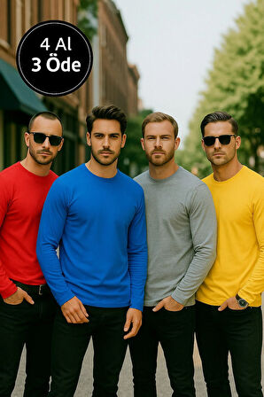Erkek Sarı-Mavi-Kırmızı-Gri Melanj 4'lü Paket Basic Uzun Kollu Tişört Sporcu Body T-shirt