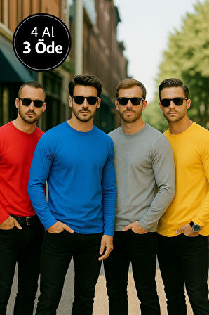 Erkek Sarı-Mavi-Kırmızı-Gri Melanj 4'lü Paket Basic Uzun Kollu Tişört Sporcu Body T-shirt