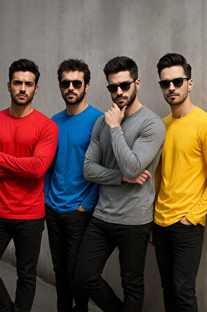 Erkek Sarı-Mavi-Kırmızı-Gri Melanj 4'lü Paket Basic Uzun Kollu Tişört Sporcu Body T-shirt