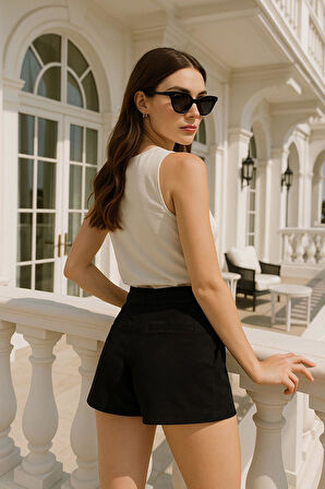 Kadın Siyah İnce Süet Kumaş Arka Gizli Cep Detaylı Yüksek Bel Mini Şort Etek