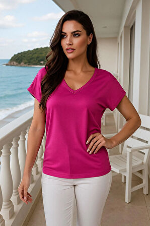 Kadın Pembe Viskon V Yakalı T-shirt Kısa Kol Rahat Kesim Bluz