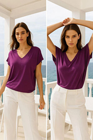 Kadın Mor Viskon V Yakalı T-shirt Kısa Kol Rahat Kesim Bluz