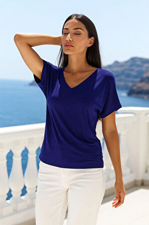 Kadın Lacivert Viskon V Yakalı T-shirt Kısa Kol Rahat Kesim Bluz
