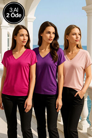 Kadın 3'lü Paket Mor-Pembe-Pudra Viskon V Yakalı T-shirt Kısa Kollu Rahat Kesim Bluz