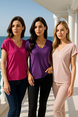 Kadın 3'lü Paket Mor-Pembe-Pudra Viskon V Yakalı T-shirt Kısa Kollu Rahat Kesim Bluz