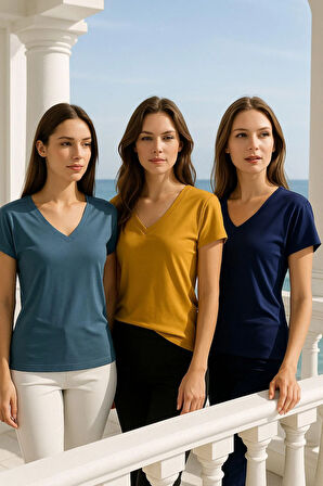Kadın 3'lü Paket Lacivert-Hardal-Petrol Viskon V Yakalı T-shirt Kısa Kollu Rahat Kesim Bluz