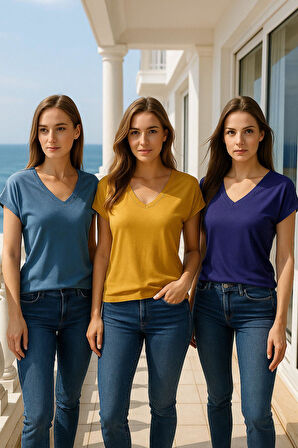 Kadın 3'lü Paket Lacivert-Hardal-Petrol Viskon V Yakalı T-shirt Kısa Kollu Rahat Kesim Bluz