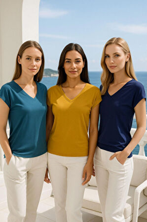 Kadın 3'lü Paket Lacivert-Hardal-Petrol Viskon V Yakalı T-shirt Kısa Kollu Rahat Kesim Bluz