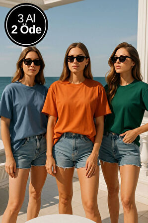 Kadın 3'lü Paket Mavi-Yeşil-Turuncu %100 Pamuk Oversize Basic Tişört Bisiklet Yaka Relaxed T-Shirt