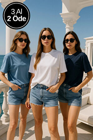Kadın 3'lü Paket Lacivert-Mavi-Beyaz %100 Pamuk Oversize Basic Tişört Bisiklet Yaka Relaxed T-Shirt