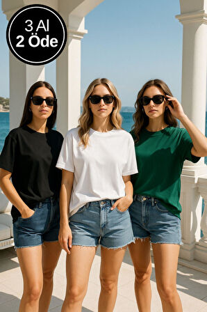 Kadın 3'lü Paket Yeşil-Beyaz-Siyah %100 Pamuk Oversize Basic Tişört Bisiklet Yaka Relaxed T-Shirt